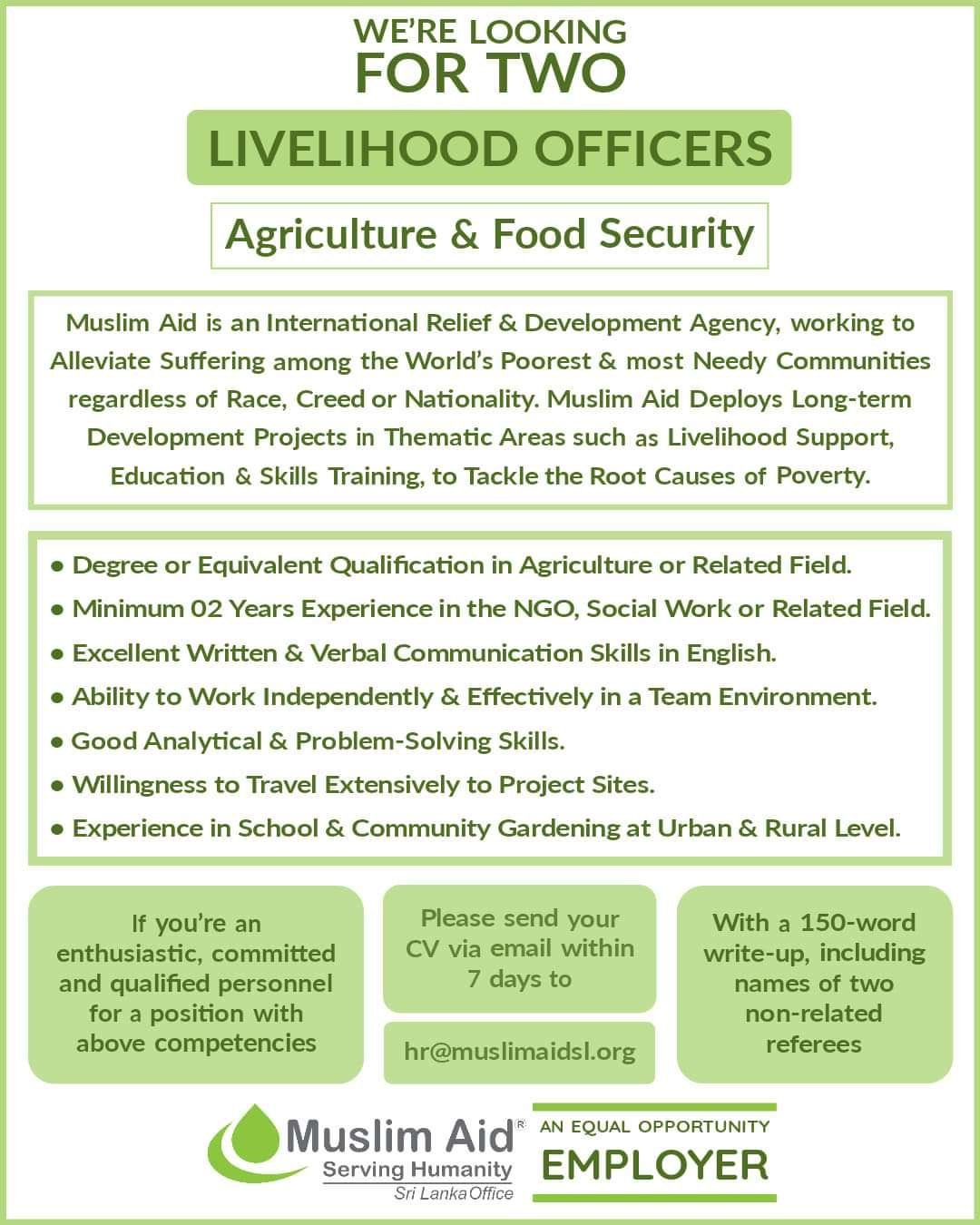 Livelihood Officers, Intern Human Resource - Muslim Aid Vacancies