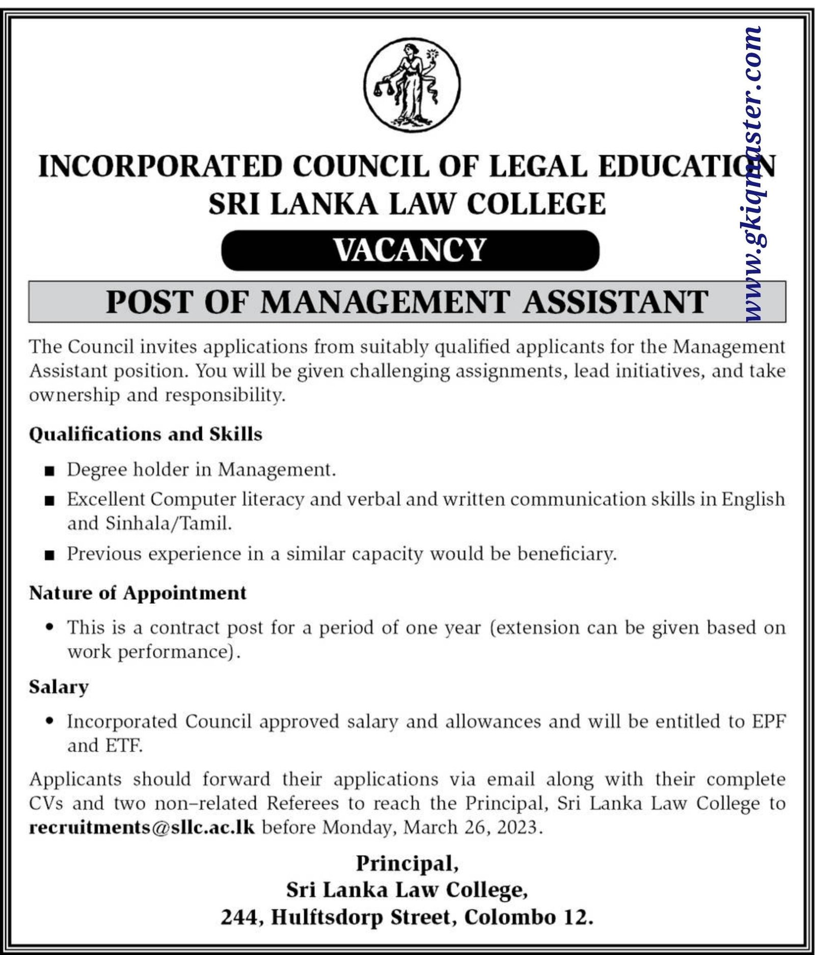 Management Assistant Vacancies Srilanka Law College