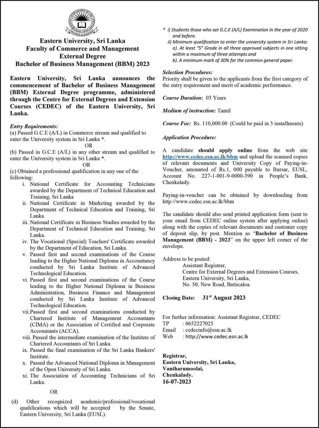 Bachelor Of Business Management BBM External Degree Programme 2023 bachelor-of-business-management-bbm-external-degree-programme-2023