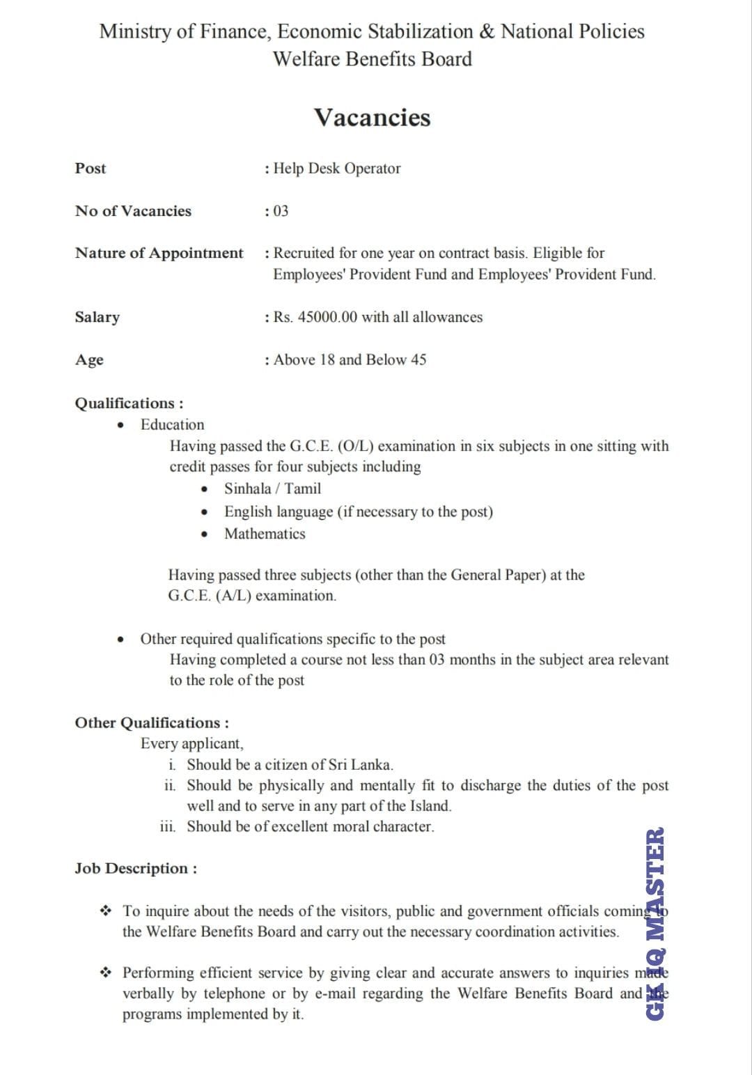 Help Desk Operator Vacancies Welfare Benefits Board (Notice)