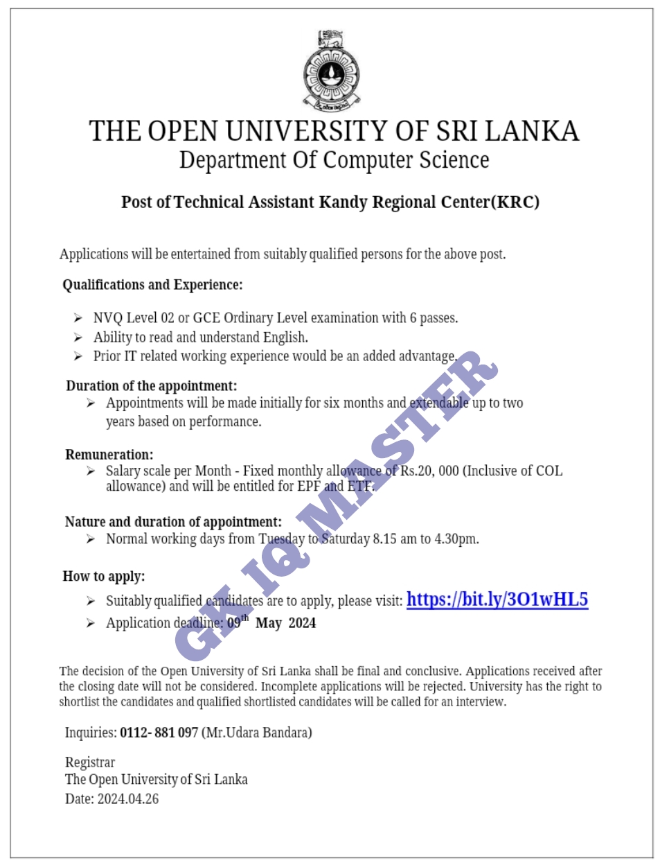 Open University of Sri Lanka Vacancies 2024