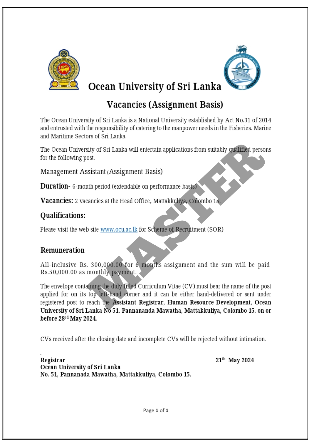 Management Assistant - Ocean University of Sri Lanka