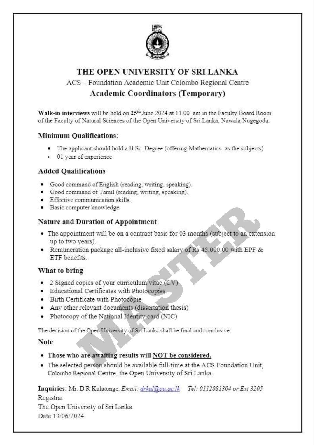 Academic Coordinators - Open University of Srilanka Vacancies 2024