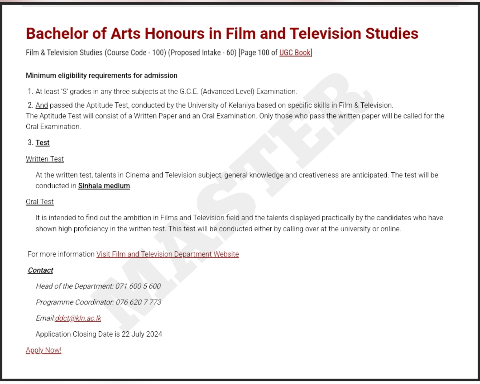 Film and Television Studies - University of Kelaniya Aptitude Test 