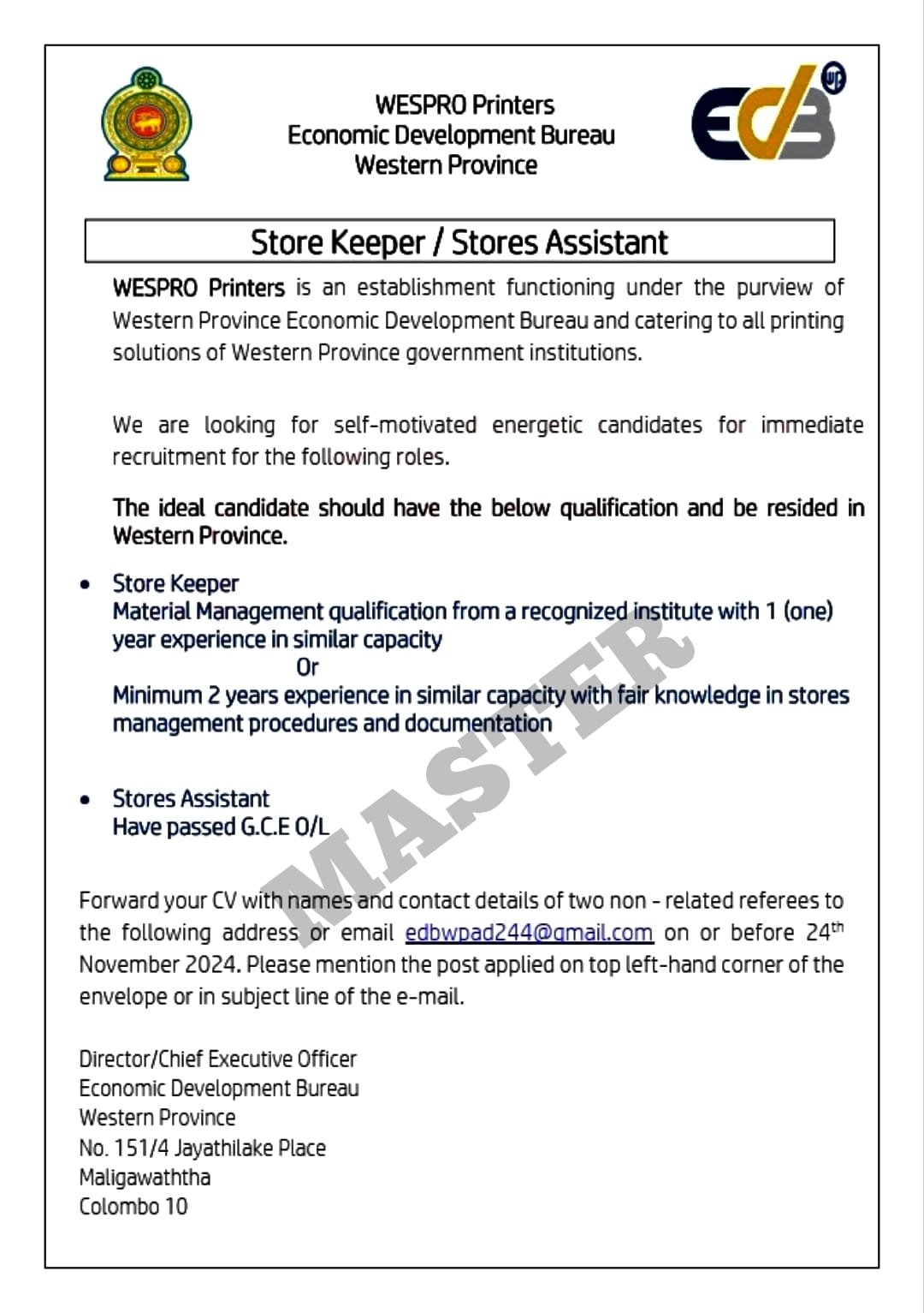 Store Keeping Job Store Keeper / Stores Assistant - Economic Development Bureau Vacancies ...