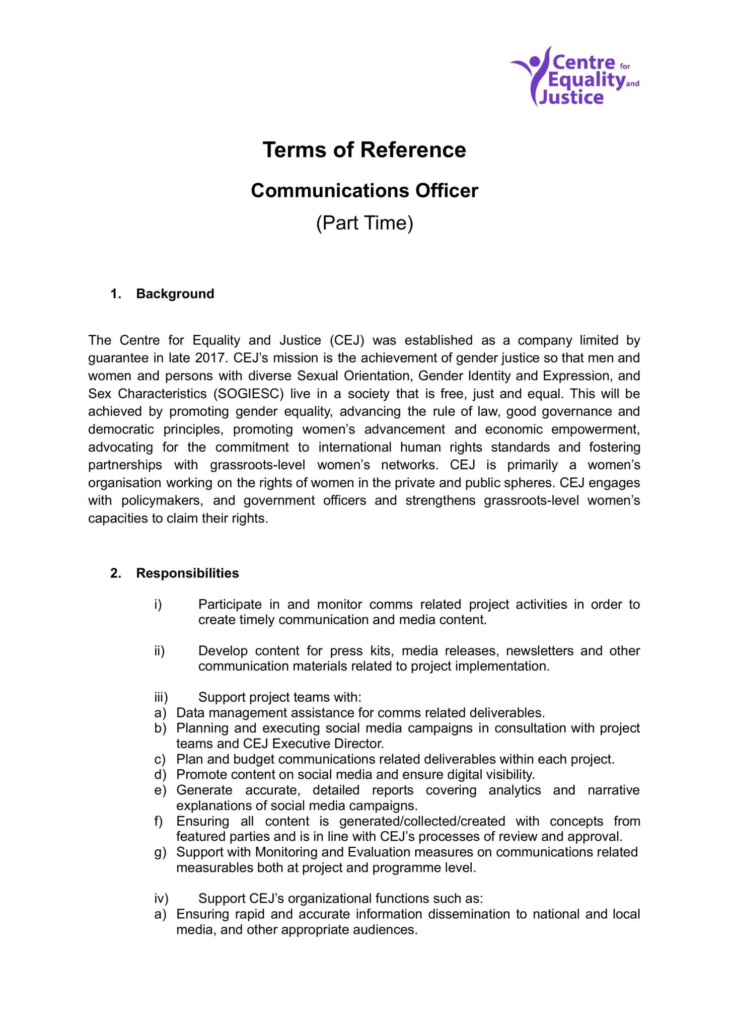 Communications Officer Part Time Centre For Equality And Justice Cej