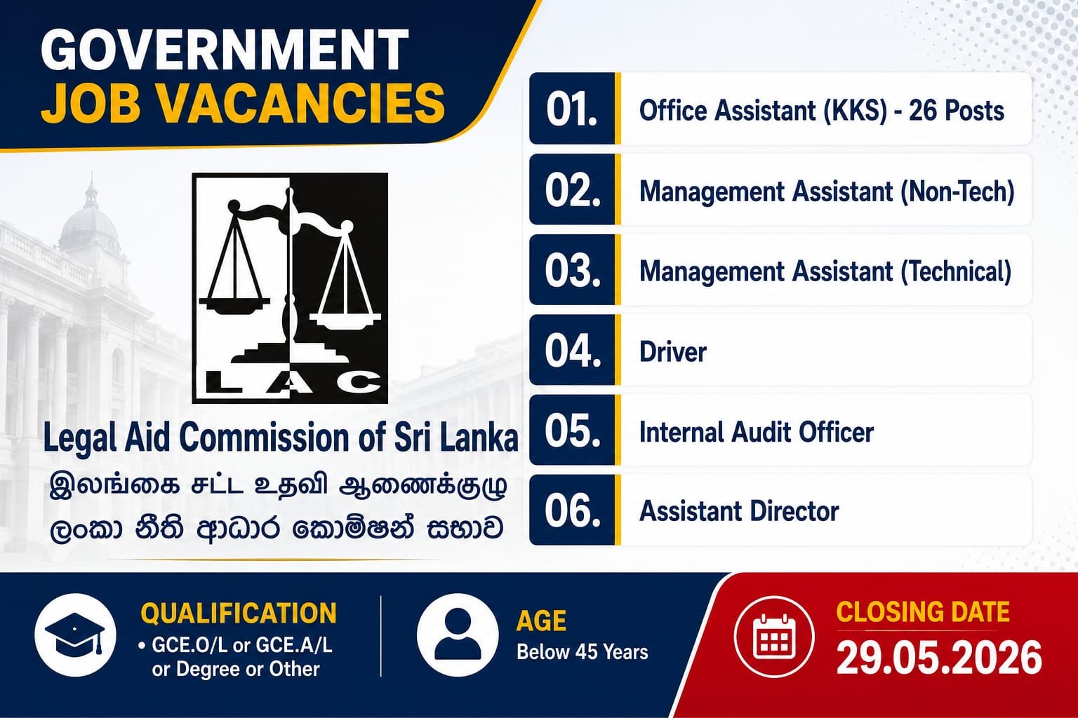 Management Assistant, Office Assistant, Driver and More Job Vacancies 2026 - Legal Aid Commission of Sri Lanka (LAC)