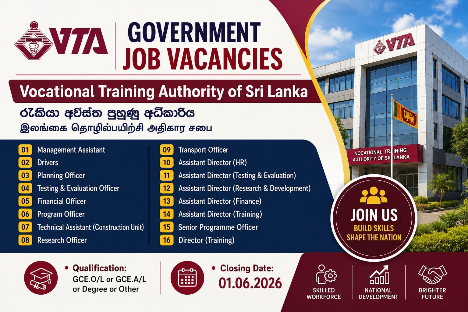 Job Vacancies 2026 - Vocational Training Authority of Sri Lanka (VTA)