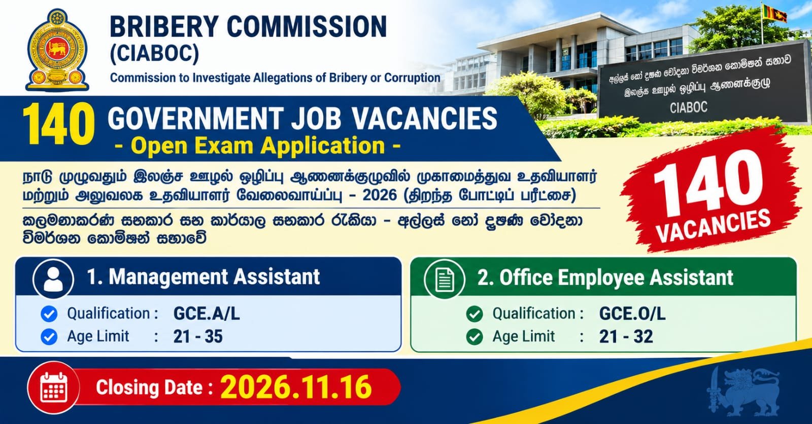 Management Assistant (MA), Office Employee Assistant (OEA) Vacancies 2026 - Bribery Commission (CIABOC)